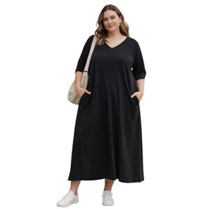 Ulla Popken Dress Maxi Pockets Cotton 3/4 Sleeve V-Neck Plus Size 24/26